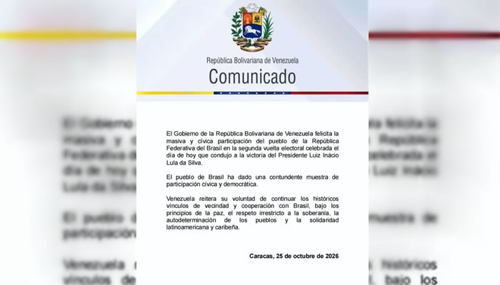 Venezuela felicita a Lula da Silva por su victoria electoral en Brasil